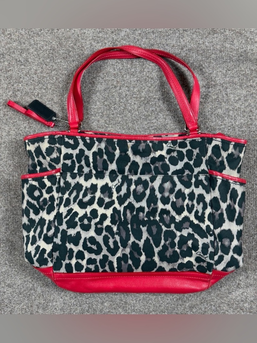 Coach Ocelot Animal Print Carrie Tote Shoulder Bag Red Leather Trim Zip Closure - Picture 5 of 14